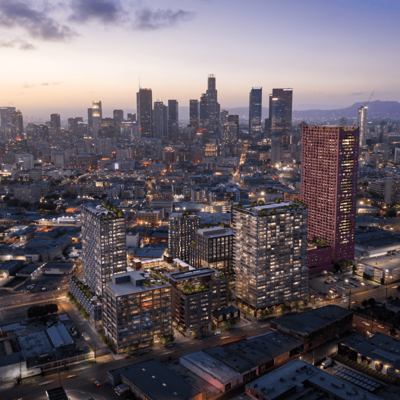 Rendering of Fourth and Central at dusk with Los Angeles in the background.