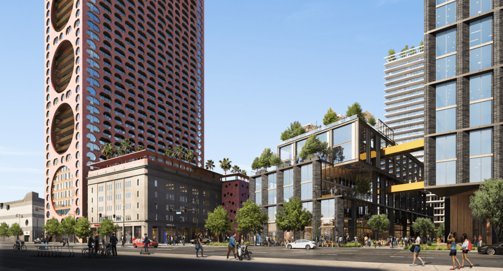 Street view of Fourth & Central buildings by Studio One Eleven and Adjaye Associates.